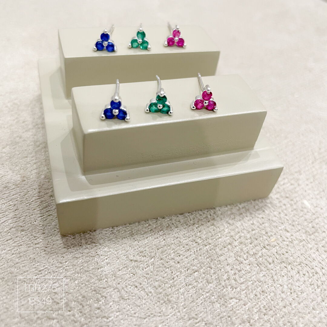 Trio de Brinco Ponto de Luz Triplo Azul/Verde/Rosa Prateado